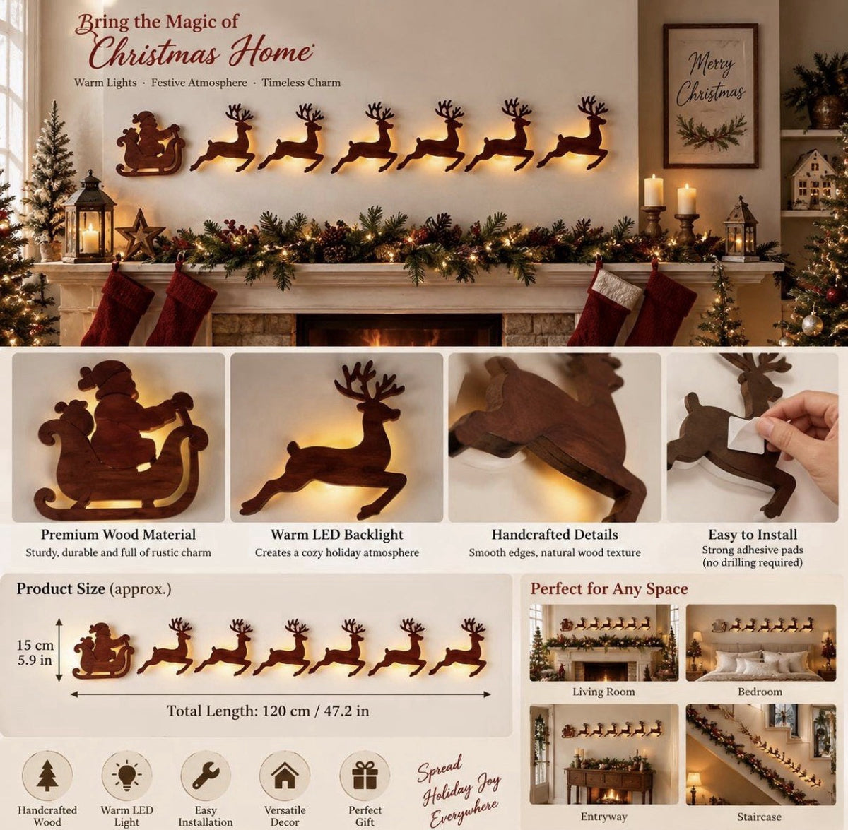 Christmas Santa Sleigh & Reindeer Handmade Wood Wall Decor LED Backlight 47.2in
