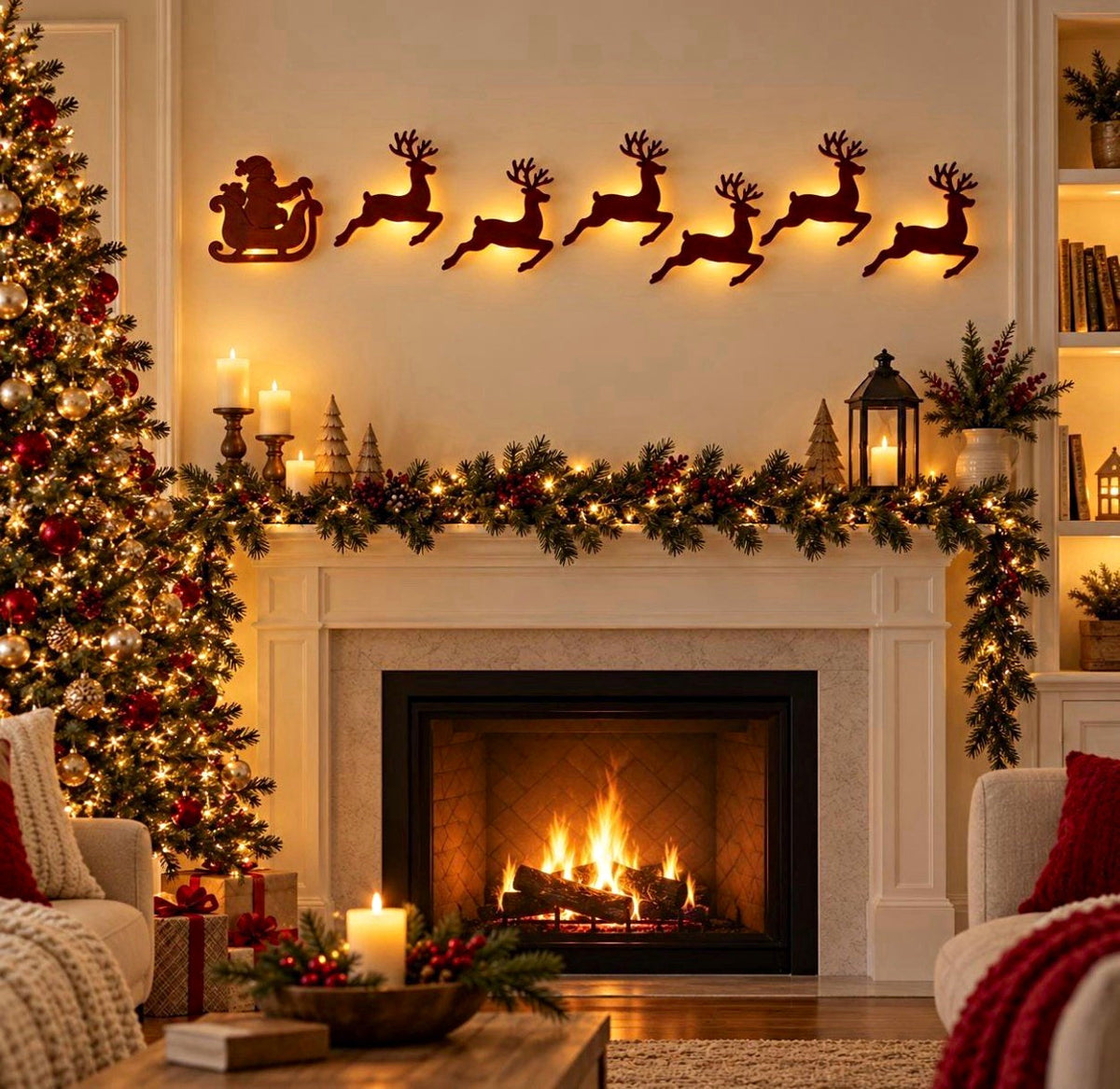 Christmas Santa Sleigh & Reindeer Handmade Wood Wall Decor LED Backlight 47.2in