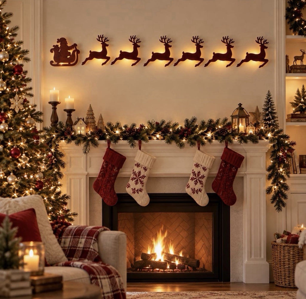 Christmas Santa Sleigh & Reindeer Handmade Wood Wall Decor LED Backlight 47.2in
