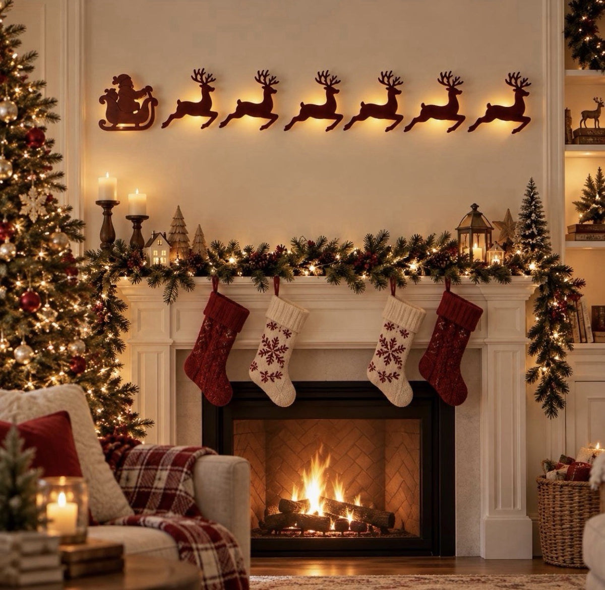 Christmas Santa Sleigh & Reindeer Handmade Wood Wall Decor LED Backlight 47.2in