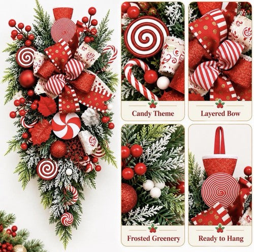 Christmas Candy Cane Mistletoe Door Swag, Artificial 19.69 x 11.81 in