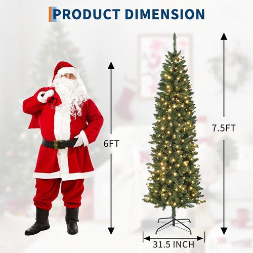 7.5FT Pre-Lit Christmas Tree, Artificial Pencil Holiday Decoration with LED Ligh