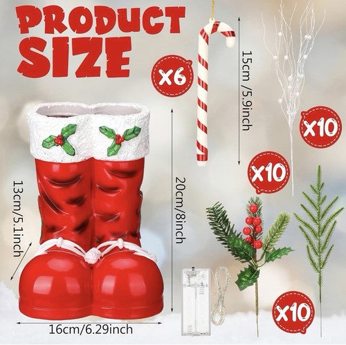 Artificial Christmas Red Santa Boot Centerpiece w/ Candy Canes, Holly Pine.