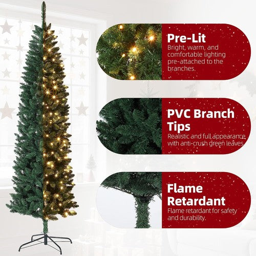 7.5FT Pre-Lit Christmas Tree, Artificial Pencil Holiday Decoration with LED Ligh