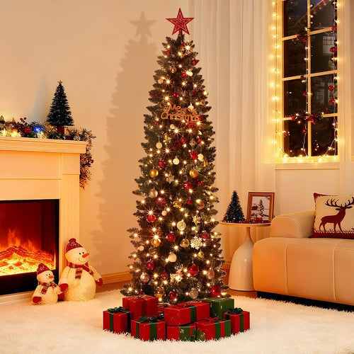 7.5FT Pre-Lit Christmas Tree, Artificial Pencil Holiday Decoration with LED Ligh