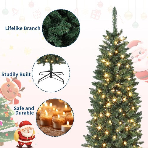 7.5FT Pre-Lit Christmas Tree, Artificial Pencil Holiday Decoration with LED Ligh