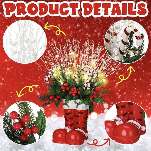 Artificial Christmas Red Santa Boot Centerpiece w/ Candy Canes, Holly Pine.