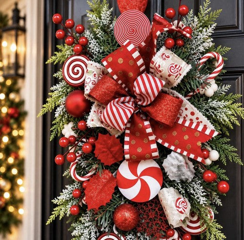 Christmas Candy Cane Mistletoe Door Swag, Artificial 19.69 x 11.81 in